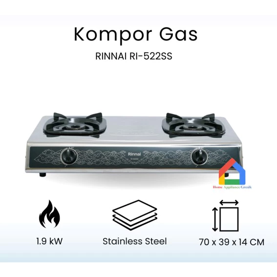 Kompor Rinnai 2 Tungku RI 522 SS Stainless Teflon